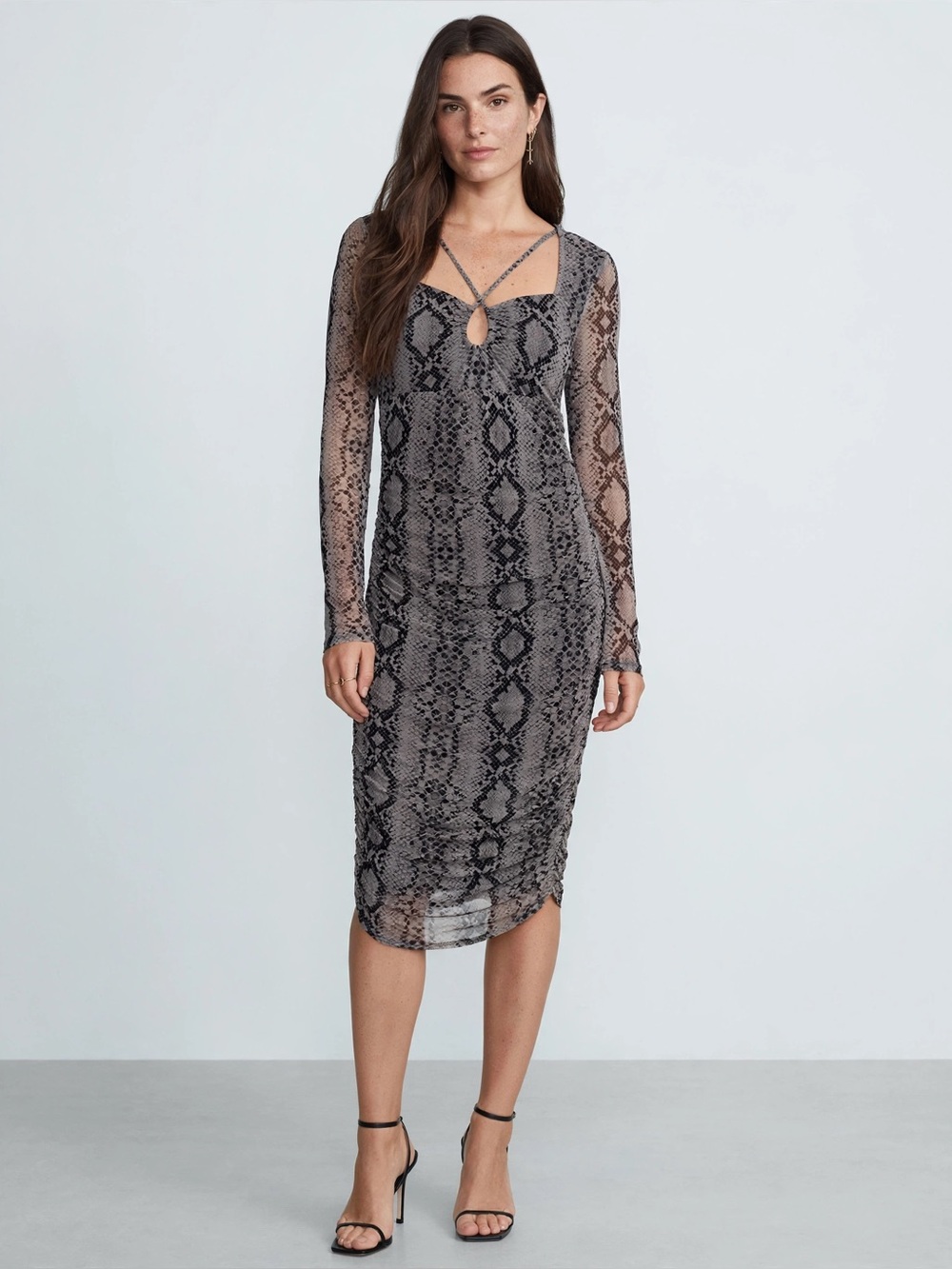 Guess Black and Gray Patterned Long Sleeve Dress